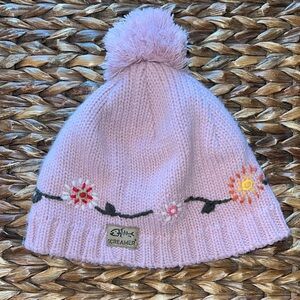 Screamer Pink Pom Knit Beanie with Embroidered Floral Trim